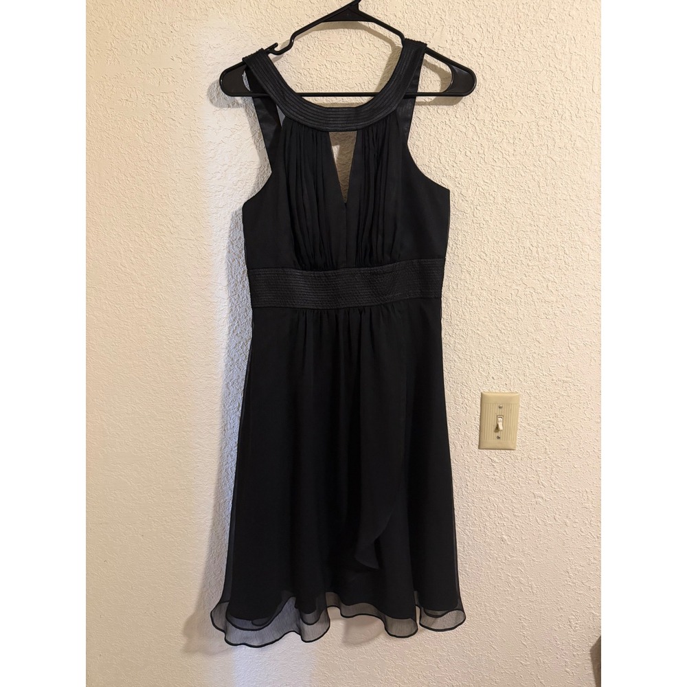 White House Black Market Black Chiffon Keyhole Cocktail Dress with Gloves Size 6